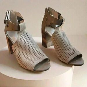 Marc Fisher Gabie Taupe Suede Leather Perforated Shootie Block Heel Sandals Sz 9